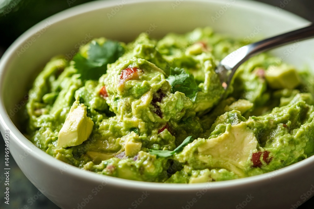 Creamy guacamole with visible avocado chunks being gently, created by ai Creamy guacamole with visible avocado chunks being gently, created by ai