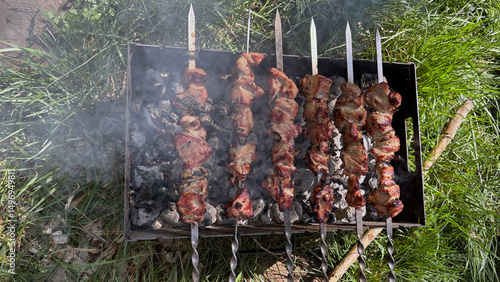 Meat on skewers is cooked on a metal grill on the lawn. The process of cooking food on a fire
