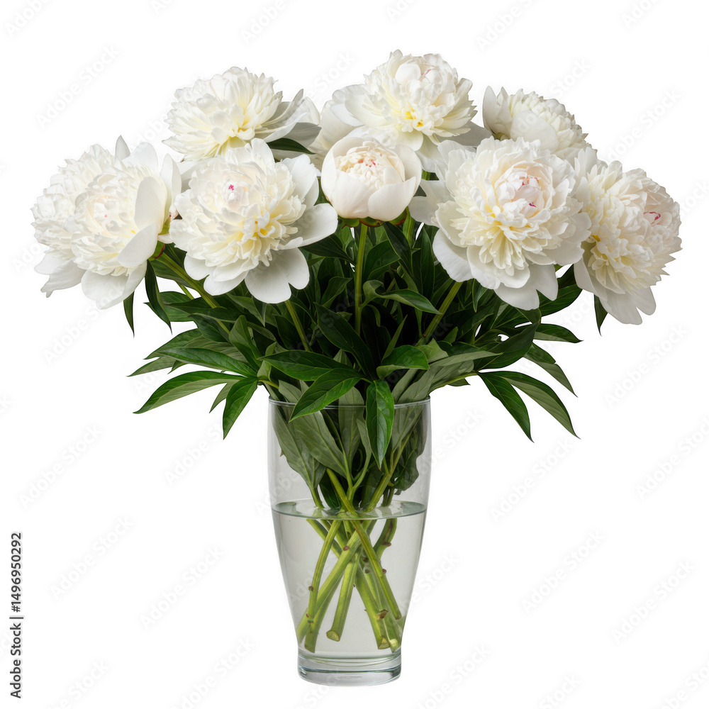 Bouquet of white peonies in a glass vase isolated on transparent background Bouquet of white peonies in a glass vase isolated on transparent background