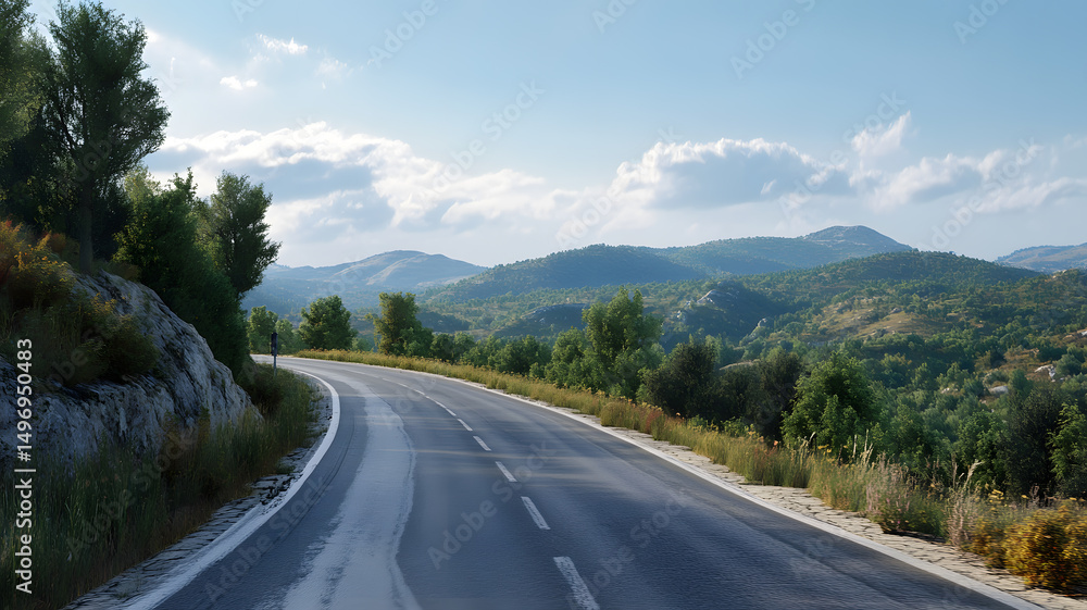 Fototapeta premium Winding road through lush green mountains sunny day