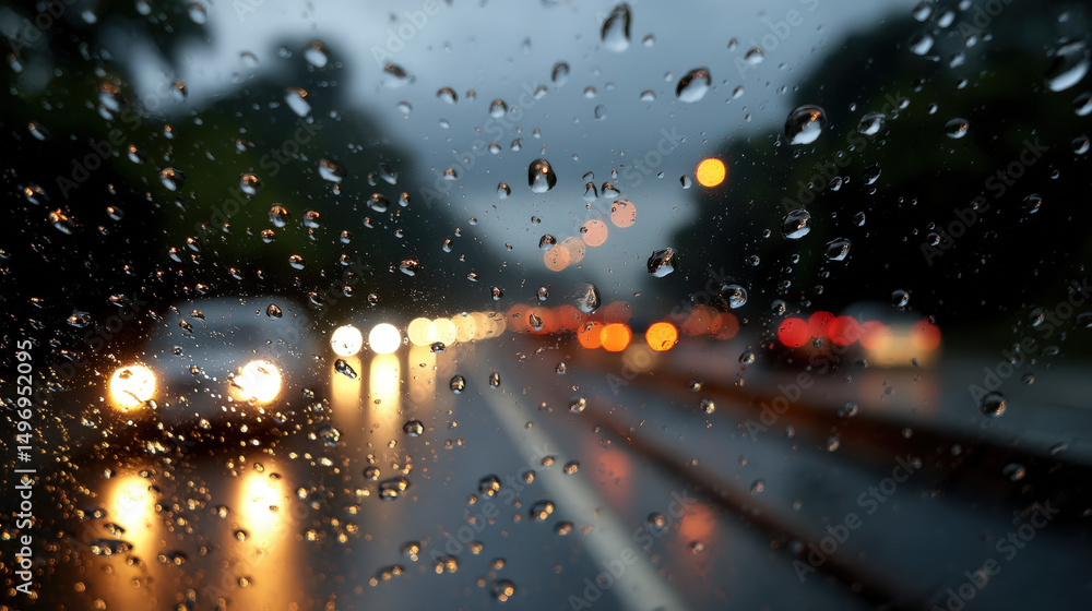 Naklejka premium Headlights Cutting Through Fog and Raindrops on Windshield in a Gloomy Rainy Weather Scenario