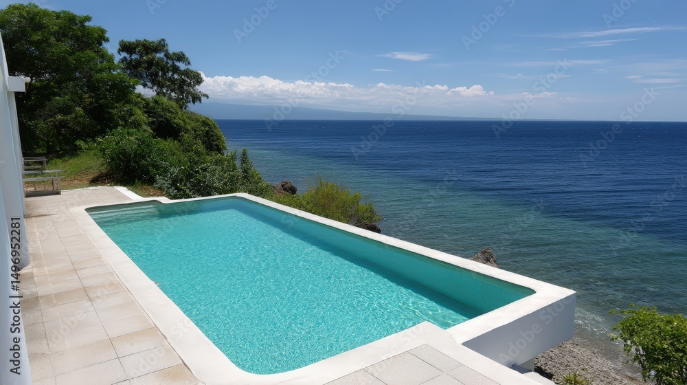 Fototapeta premium Hotel infinity pool overlooking ocean, turquoise water, clear sky, luxurious vibe.