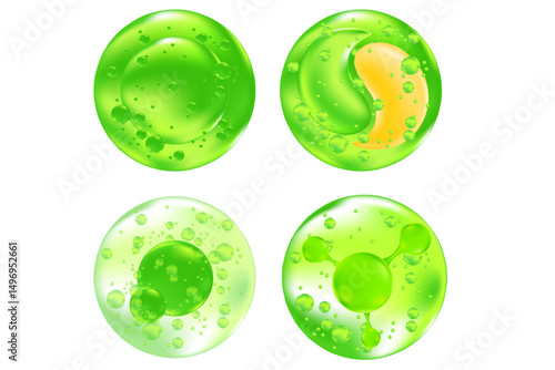 Green eco cosmetic molecules icon set, clear aloe vera gel, vector cosmetology ingredient isolated elements. Beauty serum skin care hydro gel, moisture anti age cream