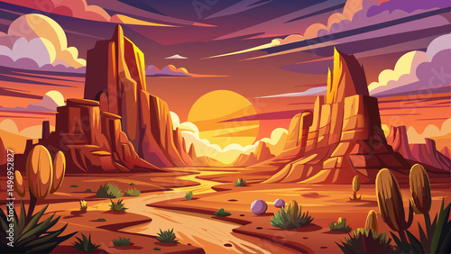 vector of sunset in the desert against a backdrop of cliffs