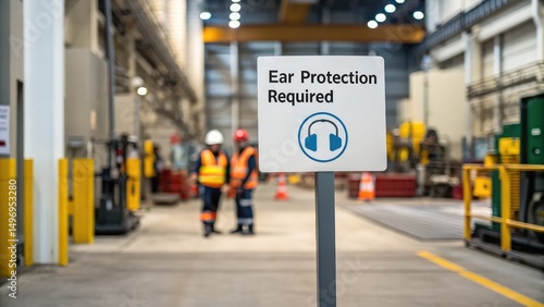 Wallpaper Mural construction worker steel beam building process. Industrial setting with a sign indicating the need for ear protection, featuring workers in safety gear in the background. Torontodigital.ca