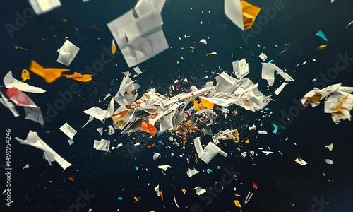 Colorful papers and objects exploding in a dynamic burst against a dark background, symbolizing chaos