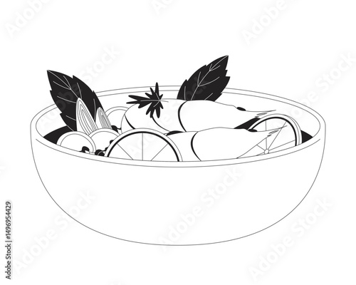 Shrimp soup bowl with lime and herbs 2D line object. Savory seafood spicy broth with whole prawns, vegetables, mushrooms. Tom yum isolated clipart vector ink outline item. Monochrome spot illustration