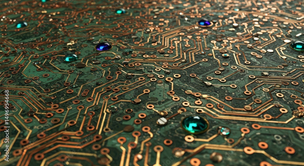 Fototapeta premium Detailed circuit board texture with embedded gems.