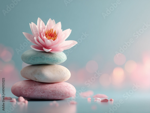 A pink lotus blossom resting atop stacked pastel stones, symbolizing balance, peace, and spiritual harmony.