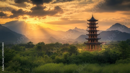 A grand pagoda stands tall in Ninh Binh, Vietnam. Green scenery surrounds it as the sun sets.
