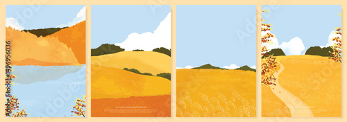 Abstract autumn landscape background vector set. Nature wallpaper of yellow field on mountain, yellow flowers, blue sky, rice, river. Watercolor illustration for cover, wall art, decoration.