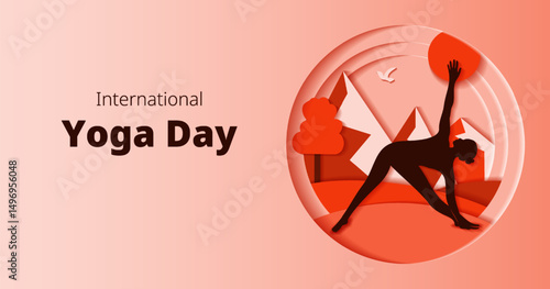 International Yoga Day. Horizontal template. Trikonasana pose. Triangle pose. Paper cut design. Isolated vector illustration.