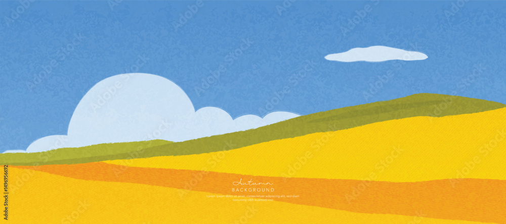 Obraz premium Abstract autumn landscape background vector. Panorama view wallpaper in minimal design with mountain, sky, field. Illustration for print, interior, wall art, decoration, cover, banner.