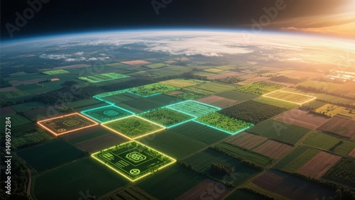 Aerial view of vast farmland with green crops divided into neat plots, symbolizing land leasing contracts and sustainable agriculture. Agricultural business concept.