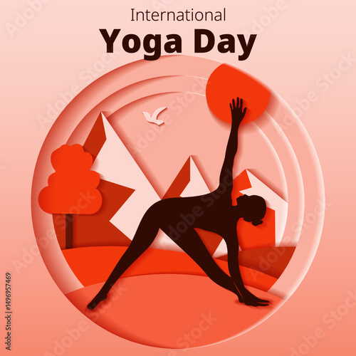 International Yoga Day. Square template. Trikonasana pose. Triangle pose. Paper cut design. Isolated vector illustration