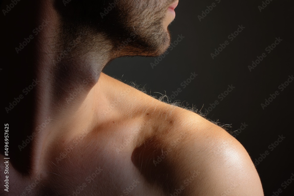 Naklejka premium A Detailed Close-Up View of Shoulder Skin Showcases a Vivid Array of Tiny Ingrown Hairs, All Illuminated by Natural Lighting. This Lighting Beautifully Emphasizes the Intricate Textures