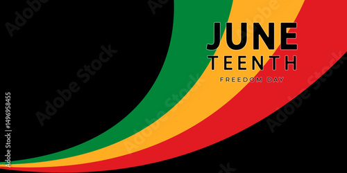 Juneteenth Freedom Day banner. Vector illustration with text for Juneteenth and curved stripes of red, yellow and green colors on a black background. Symbol of emancipation and African-American pride