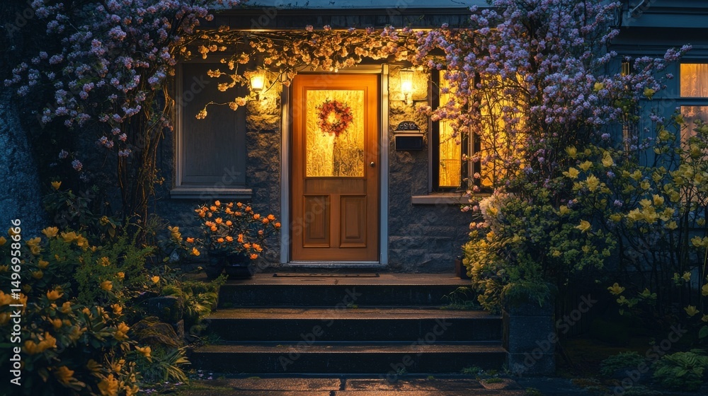 Fototapeta premium Fancy house entrance with pretty spring flowers at night in Vancouver, Canada. April 2025. 