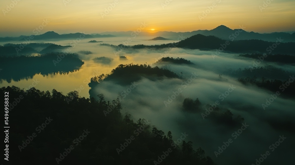 Fototapeta premium From above, we see fog covering mountains as the sun rises in Phang Nga, Thailand. It's a wide view of nature in Southeast Asia. 