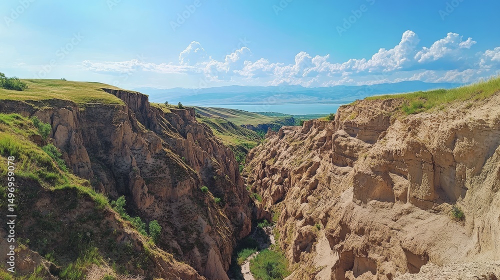 Obraz premium High above, a wide view of a canyon cutting through the land. Issyk Kul Lake is in sight. The scene shows rough, worn hills in Kyrgyzstan, Asia. 