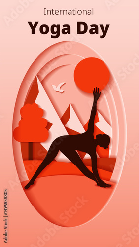 International Yoga Day. Vertical template. Trikonasana pose. Triangle pose. Paper cut design. Isolated vector illustration