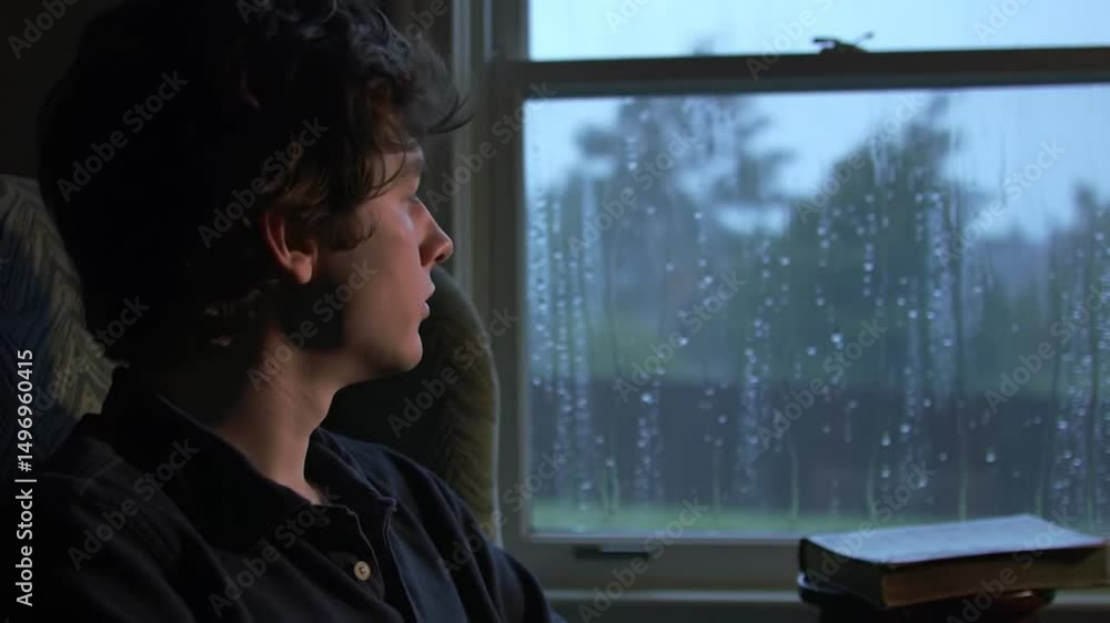 Boy Reading by Window on Rainy Day Peaceful Indoor Scene Boy Reading by Window on Rainy Day Peaceful Indoor Scene
