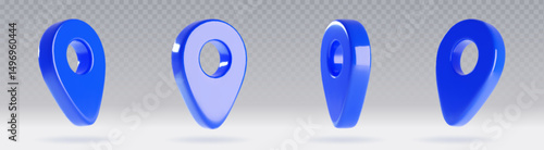 3D map pins set isolated on transparent background. Vector realistic illustration of blue gps navigator icons with soft shadows, travel app destination marks, delivery address symbol, tourism route