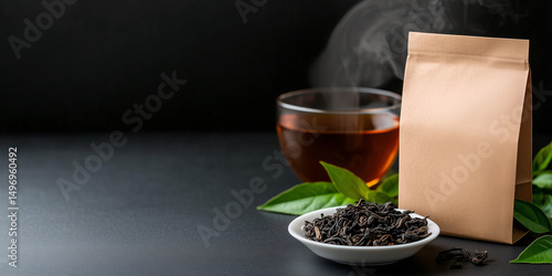 tea packaging mock up with a paper bag design, filled with loose leaf tea, placed next to a steaming cup of tea