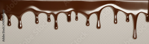 Melting chocolate border isolated on transparent background. Vector realistic illustration of brown paint drops, seamless molten choco dessert frame, sweet milk yogurt flow, creamy glaze texture