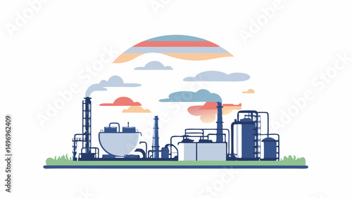 Industry s shadow an industrial plant releases its smoke into colorful skies under a vector graphic