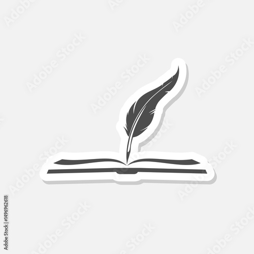 Book and feather icon sticker isolated on gray background