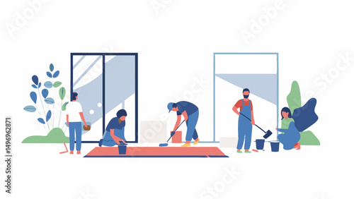 Teamwork renovation friends revitalize a home with painting tiling and cleaning in a sunlit room
