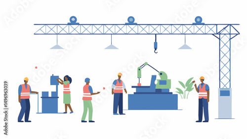 Factory workers oversee robotic assembly process in a modern industrial setting with flat vector