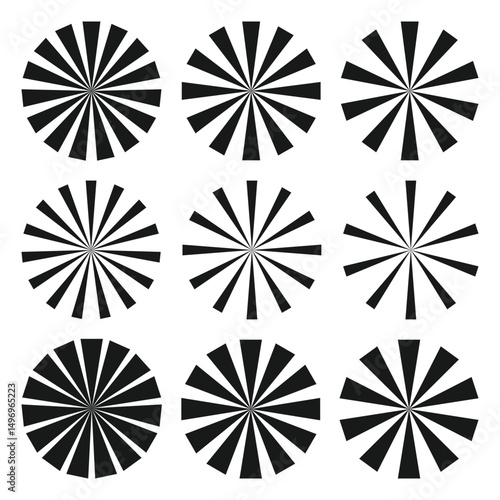 Set of black circle rotating rays and beams. Radial sunburst element pack. Round spinning swirls, stars and twirls pack. Illustration bundle for banner, badge, sticker, poster, logo.
