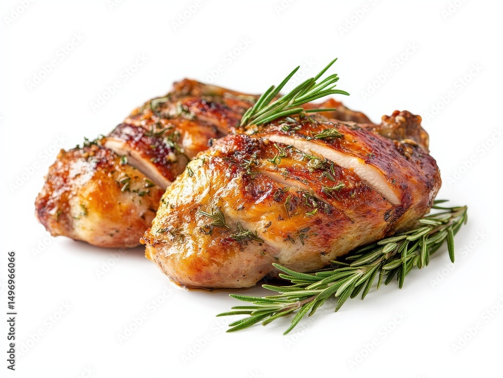 A perfectly basted roasted turkey with a side of rosemary, isolated on white background A perfectly basted roasted turkey with a side of rosemary, isolated on white background