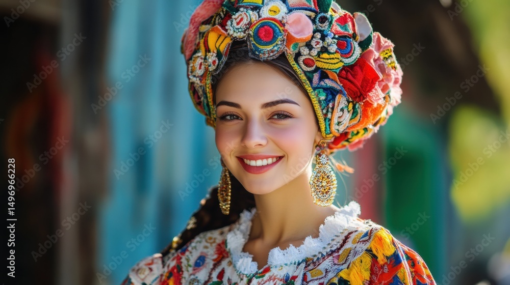 Fototapeta premium Smiling Woman Wearing a Colorful Floral Headdress and Statement Earrings