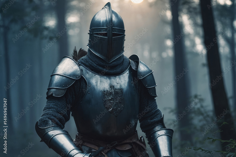 A stoic knight, fully armored, stands in a misty forest with sunlight filtering through the trees. A stoic knight, fully armored, stands in a misty forest with sunlight filtering through the trees.