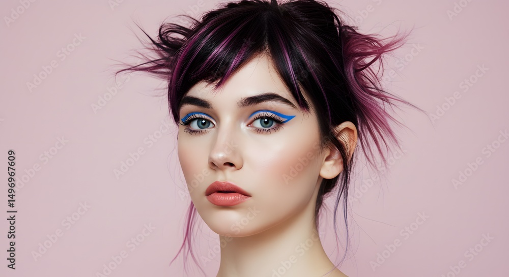 Stylish Woman with Edgy Purple and Pink Hair, Blue Eye Makeup, and Flawless Skin Beauty Portrait Photography Stylish Woman with Edgy Purple and Pink Hair, Blue Eye Makeup, and Flawless Skin Beauty Portrait Photography