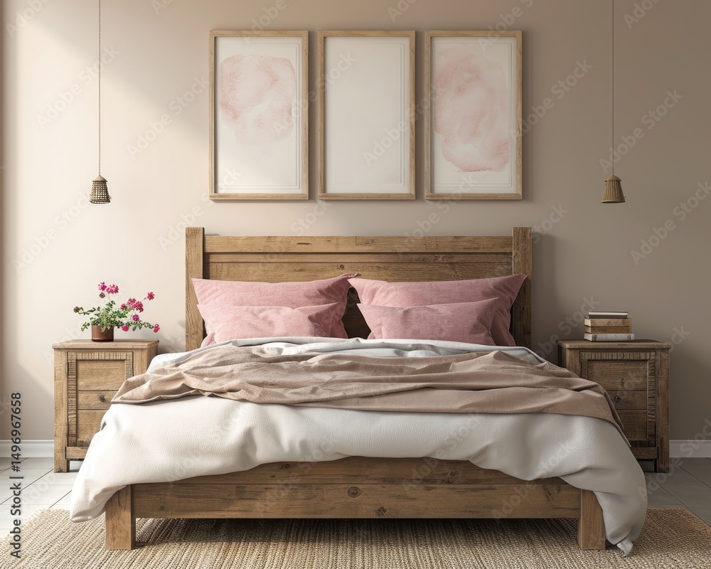 Tranquil modern rustic bedroom featuring a wooden bed, neutral tones, and subtle decor elements.