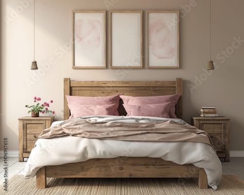 Obraz na płótnie Tranquil modern rustic bedroom featuring a wooden bed, neutral tones, and subtle decor elements. w salonie