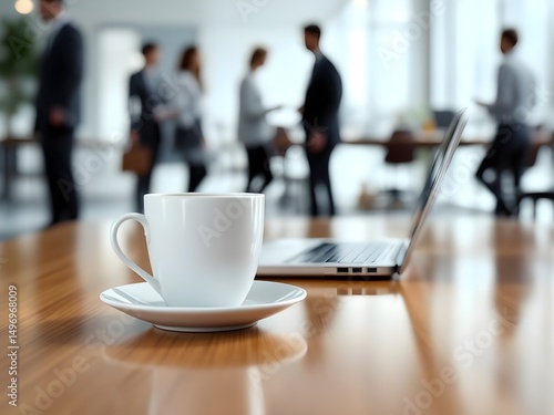 White coffee cup with laptop computer on office table for business concept, in clean office.