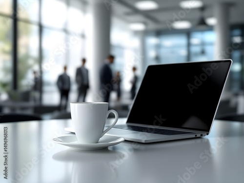 White coffee cup with laptop computer on office table for business concept, in clean office.
