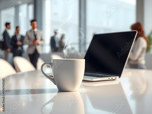 White coffee cup with laptop computer on office table for business concept, in clean office.
