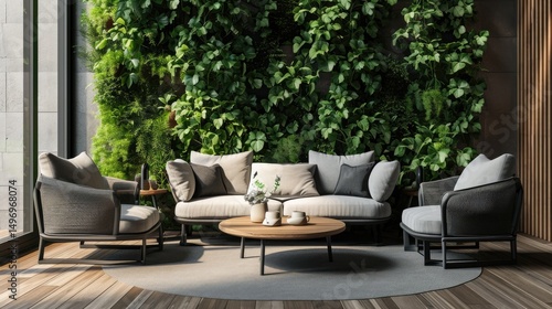 Tropical living room with a stunning vertical garden wall behind a comfortable seating area with a coffee table.