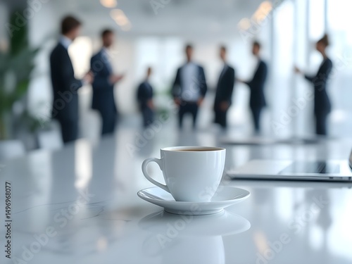 White coffee cup with laptop computer on office table for business concept, in clean office.