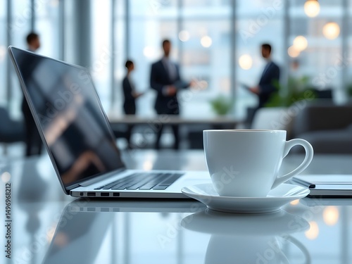 White coffee cup with laptop computer on office table for business concept, in clean office.
