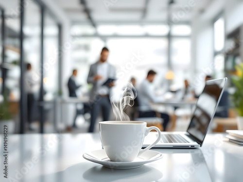 White coffee cup with laptop computer on office table for business concept, in clean office.