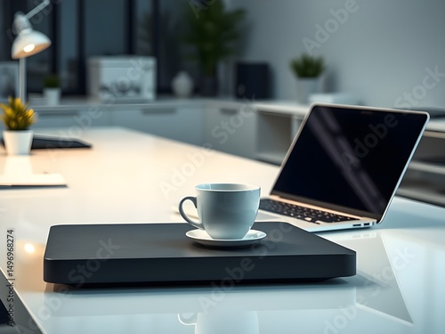 White coffee cup with laptop computer on office table for business concept, in clean office.