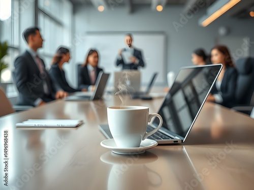White coffee cup with laptop computer on office table for business concept, in clean office.