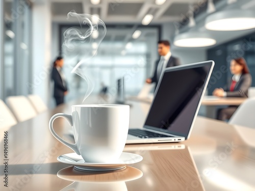 White coffee cup with laptop computer on office table for business concept, in clean office.